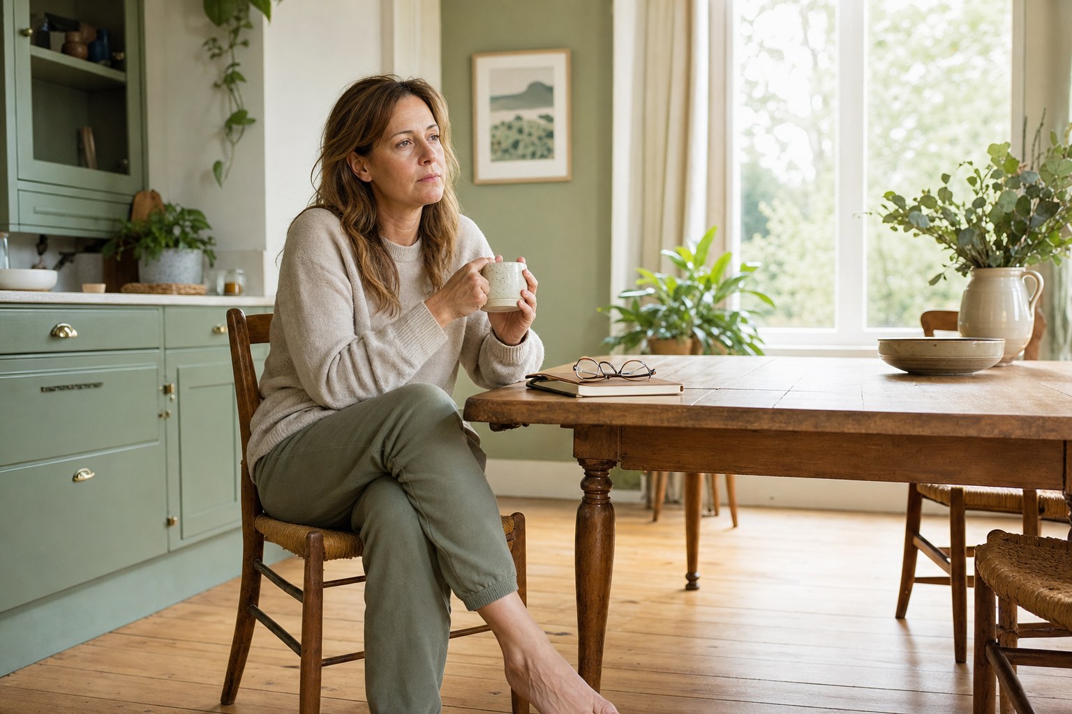 Woman resting with a mug at a sunlit kitchen table