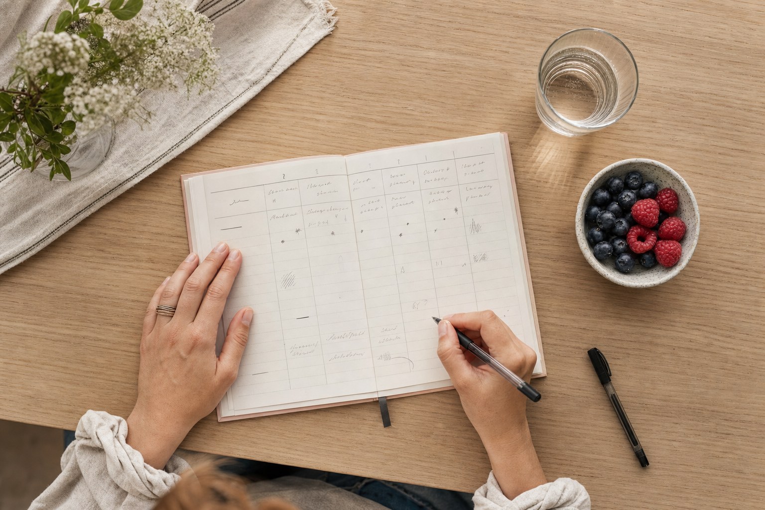 Open weekly planner with a pen, water, and berries on a table