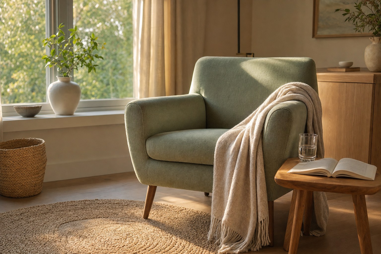 Quiet living room with a sage chair, blanket, open book, and water