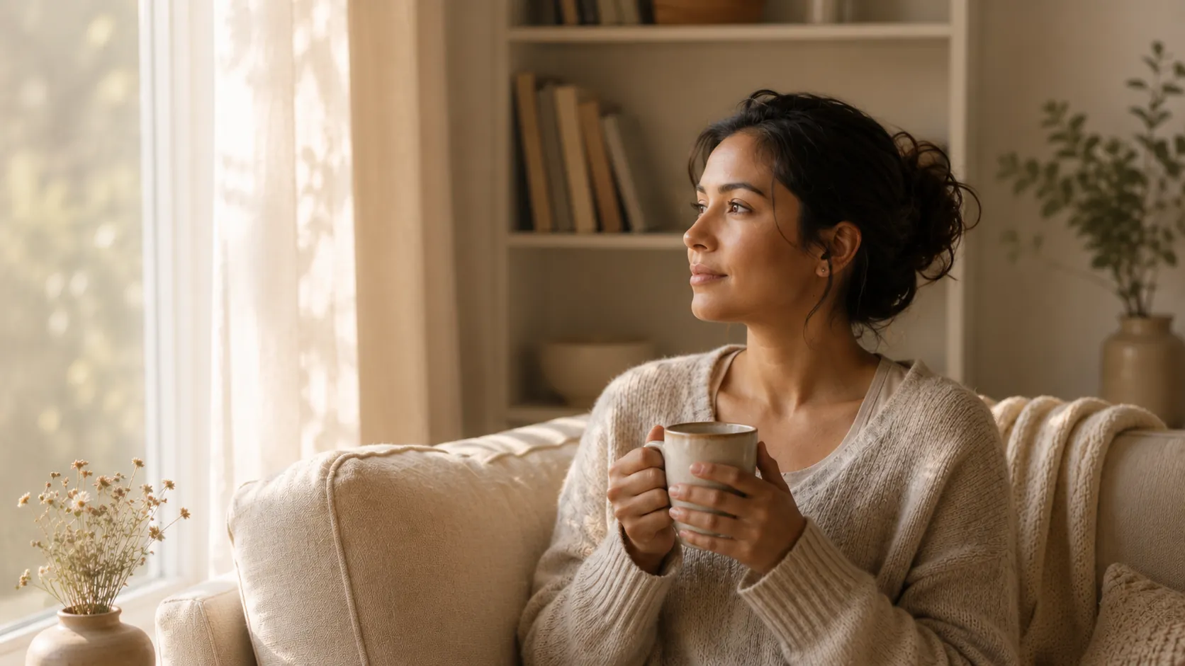 Woman resting with tea in a sunlit living room