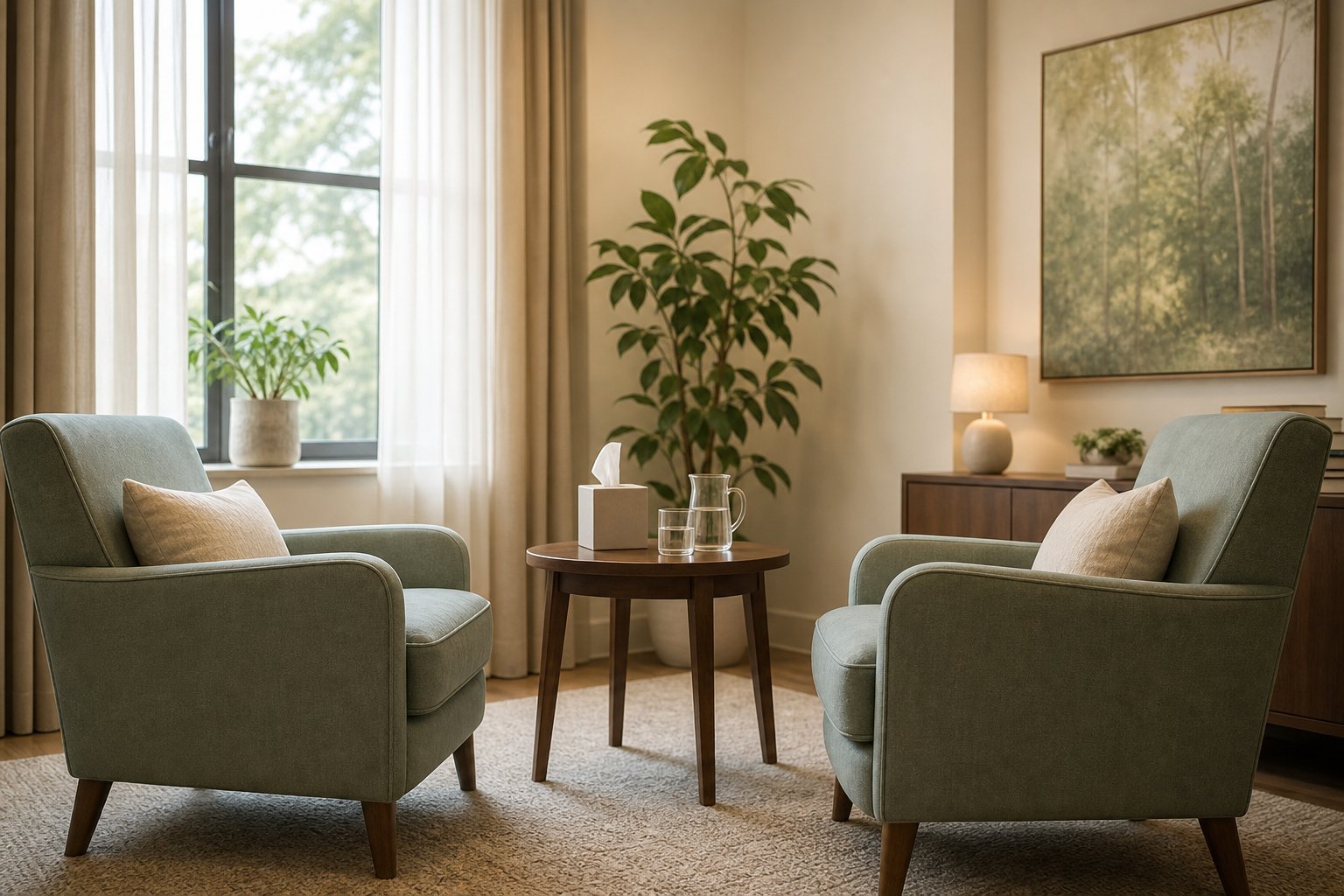 Two comfortable chairs in a warm private consultation room