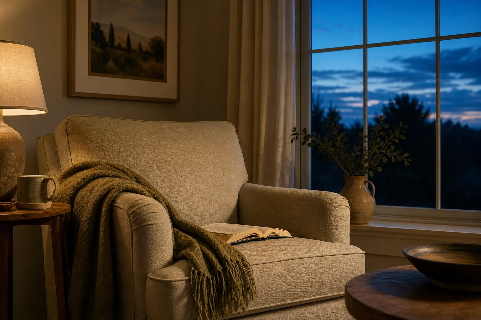 A quiet evening reading corner with a comfortable chair and warm lamp light