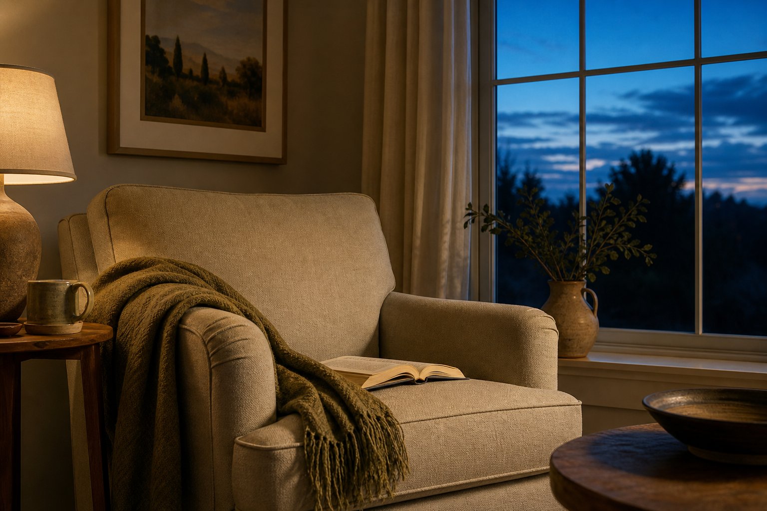 Quiet evening living room with a comfortable chair, open book, and soft lamp light