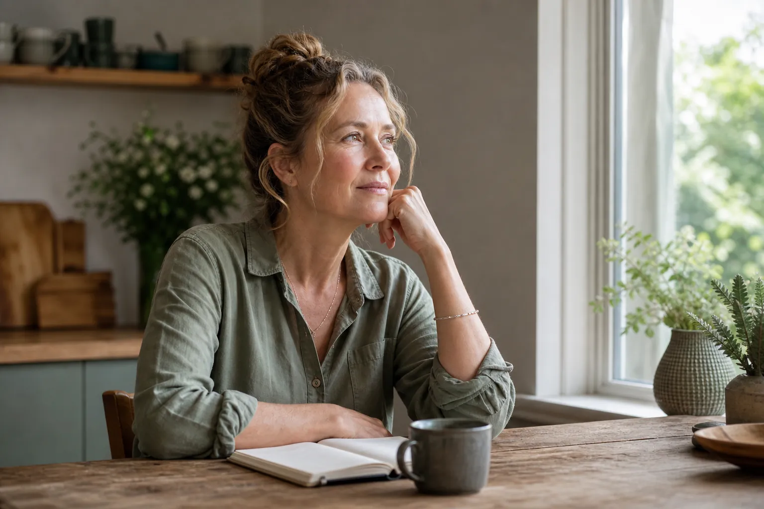 Woman sitting thoughtfully at a sunlit kitchen table with a mug and notebook
