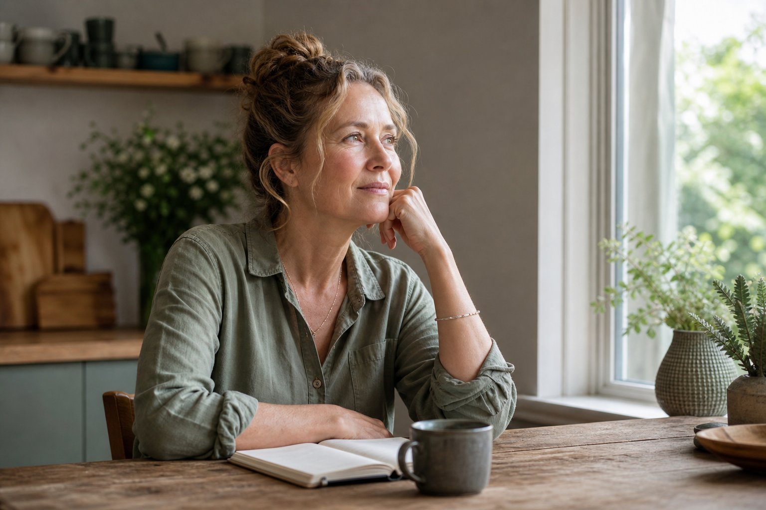 Woman sitting thoughtfully at a sunlit kitchen table with a mug and notebook