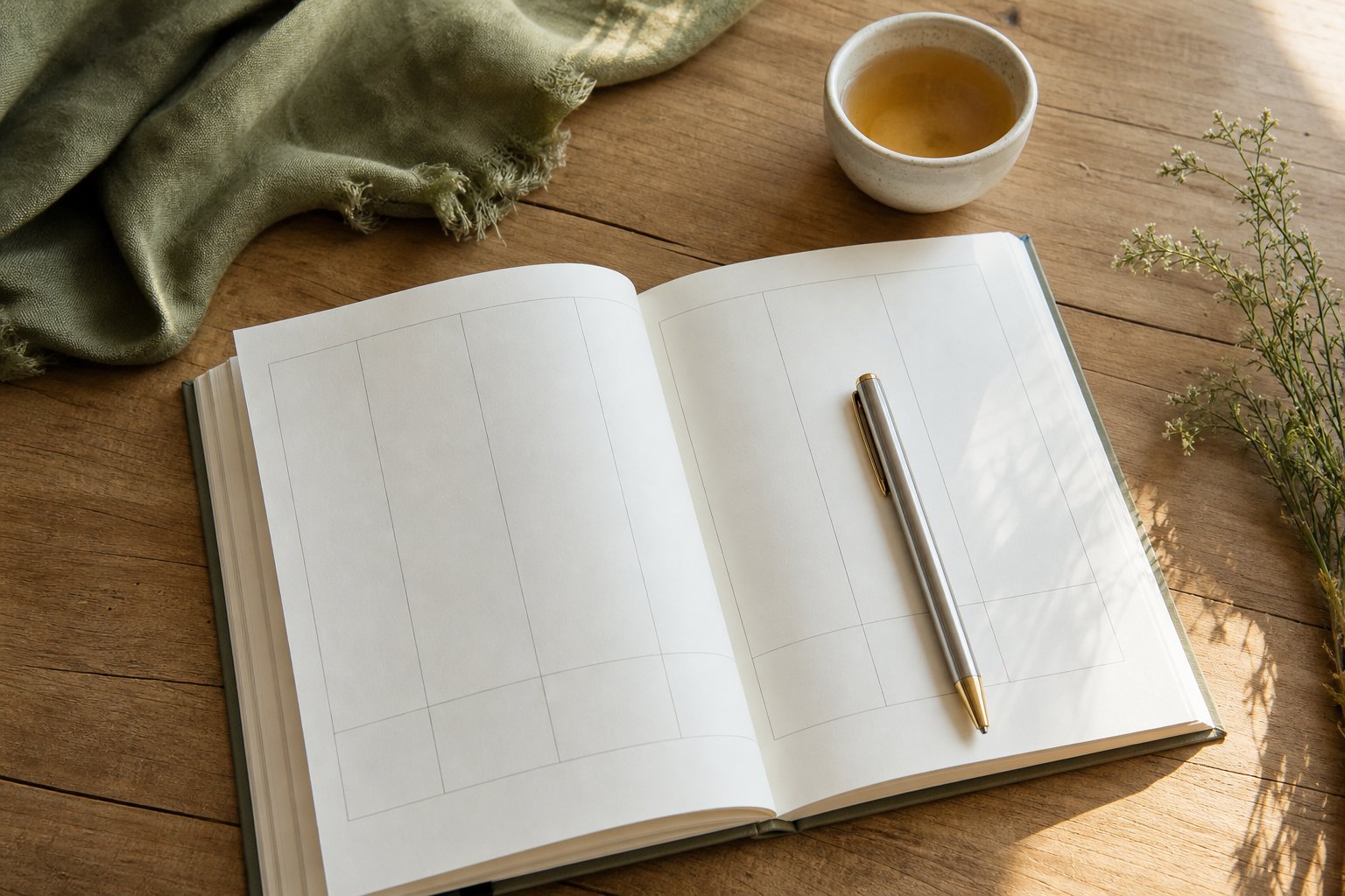 Open weekly planner with a pen and a cup of tea on a sunlit wood table