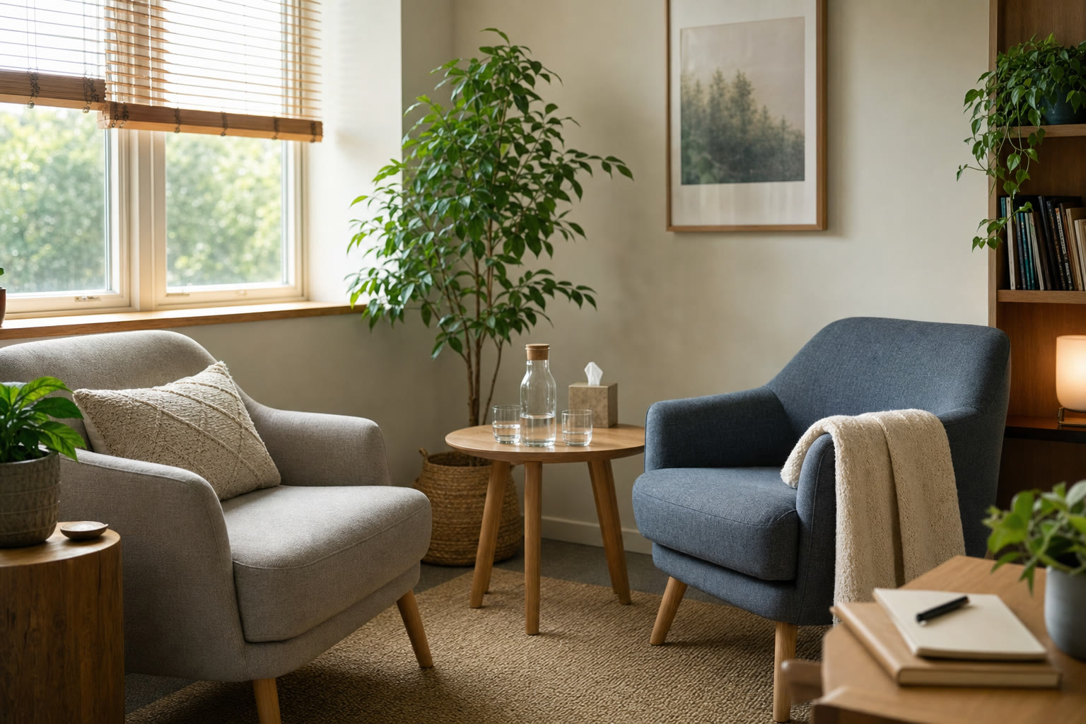 Two comfortable chairs in a calm private consultation room