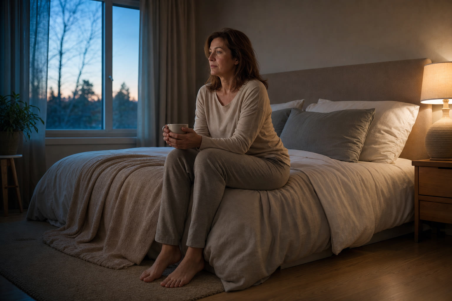 Woman sitting awake on the edge of a bed at dawn with a mug