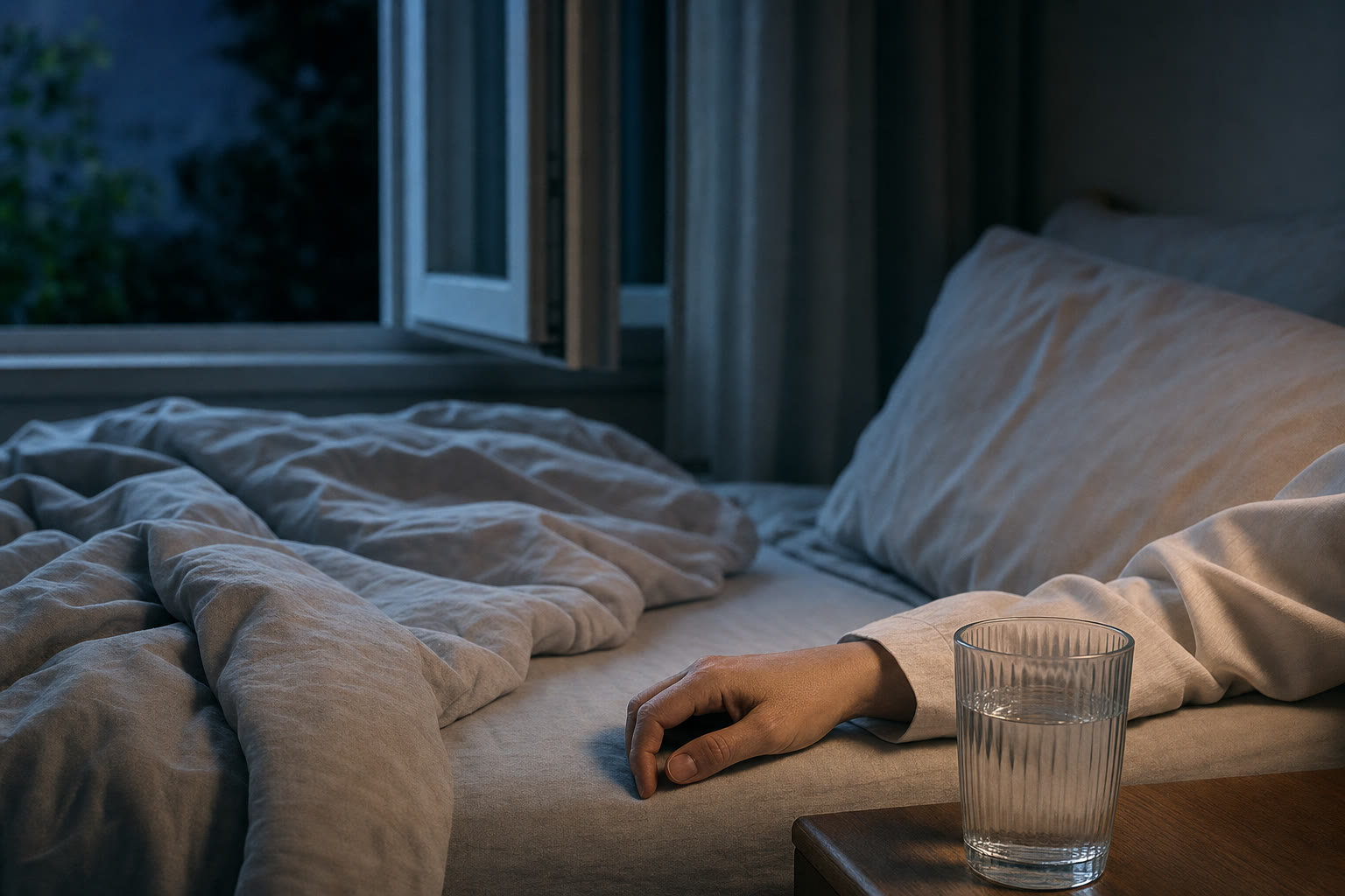 An open bedroom window beside rumpled bedding and a glass of water at night