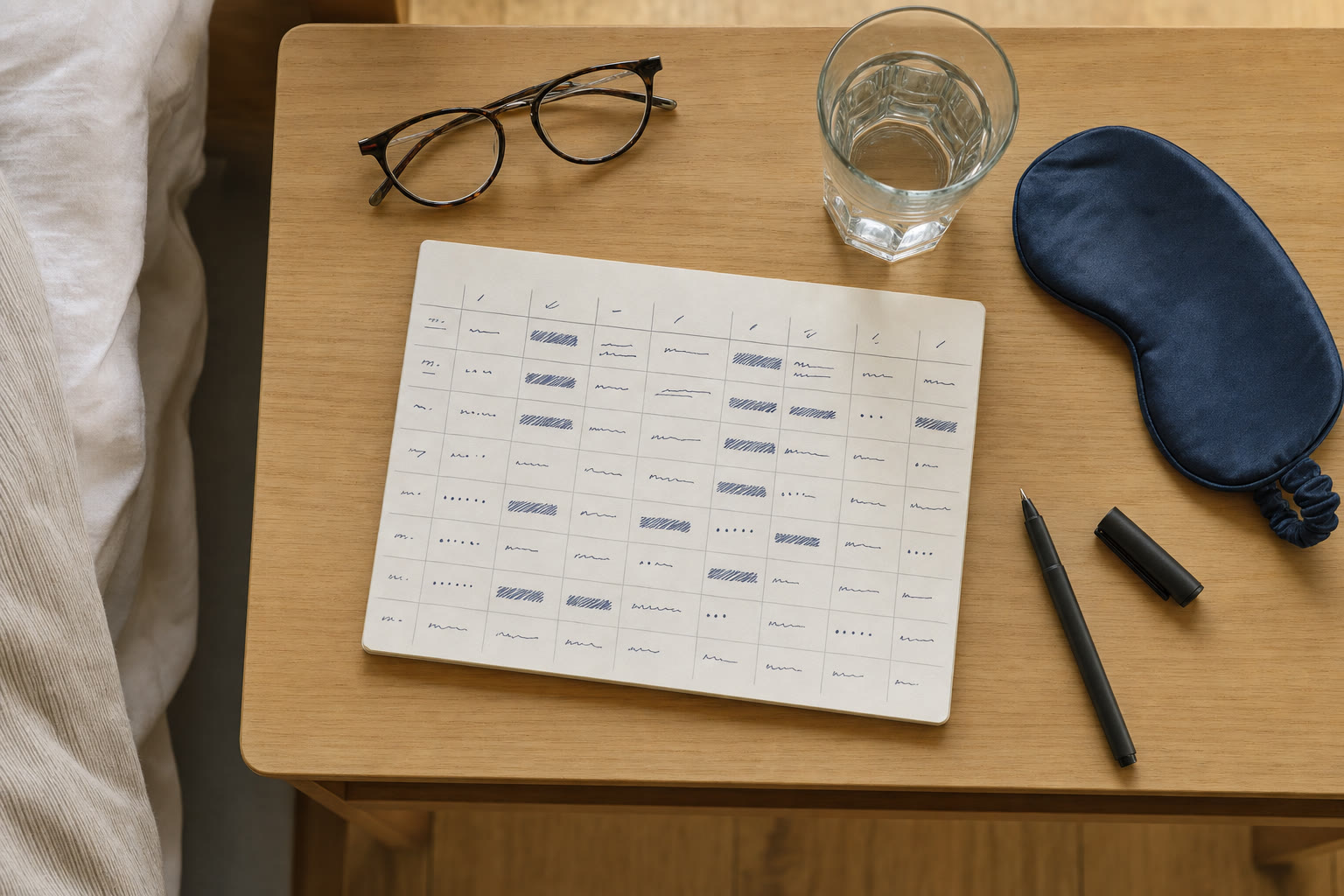 A simple weekly sleep tracker with glasses, water, and a sleep mask on a bedside table