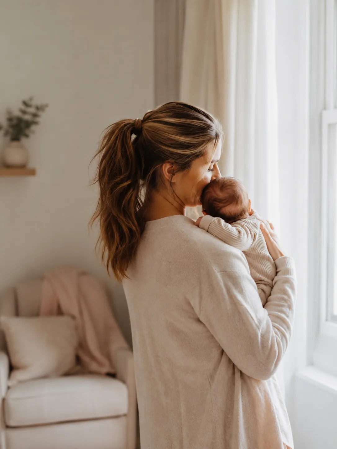 Mother holding her newborn in a warm, softly lit room