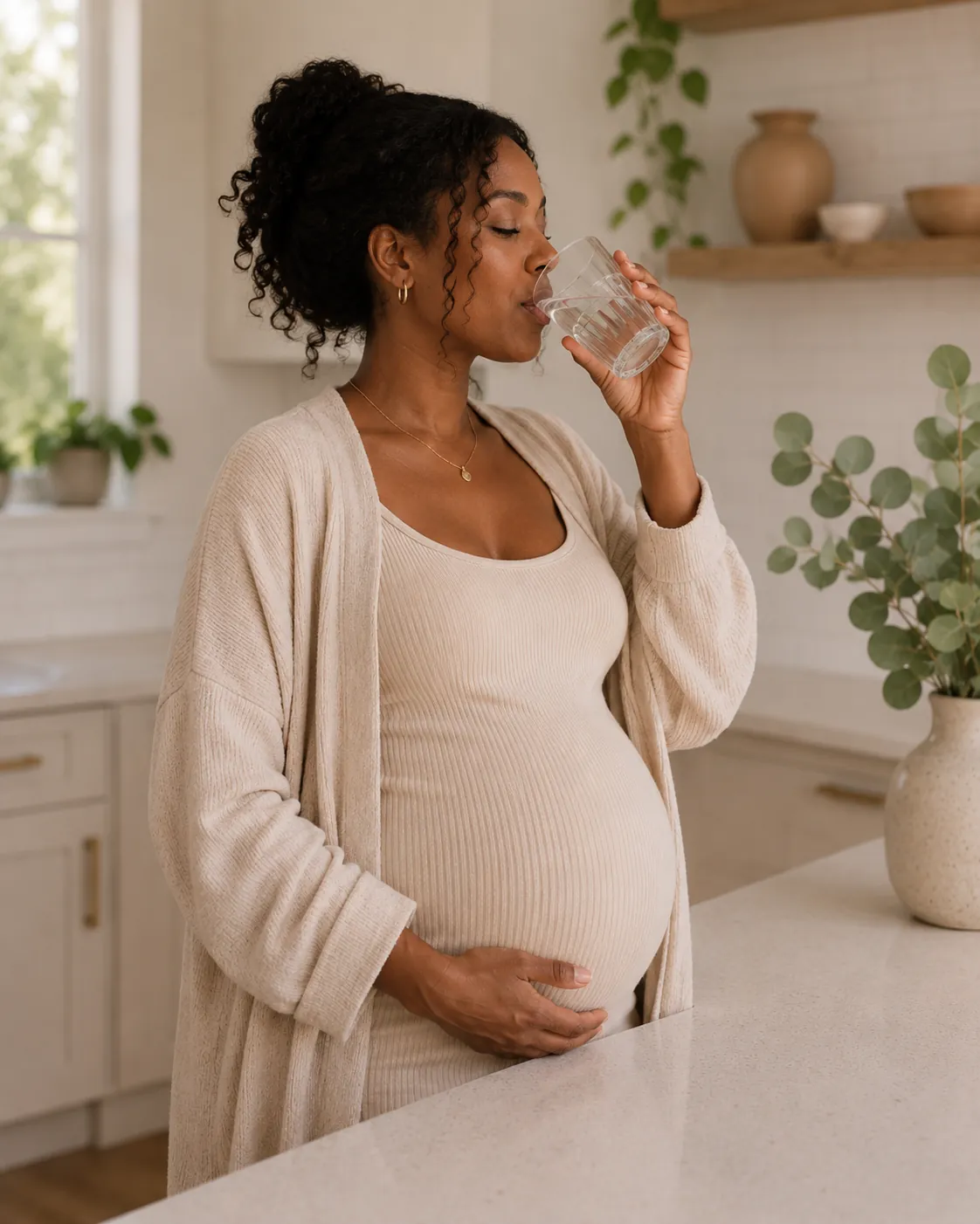 Pregnant woman drinking water in a sunlit kitchen