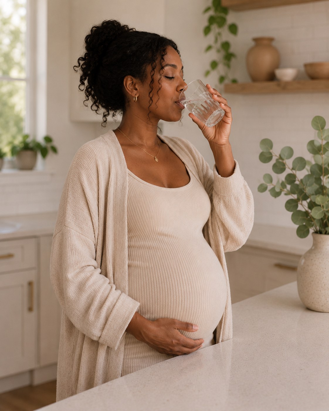 Pregnant Black woman drinking water in a sunlit kitchen