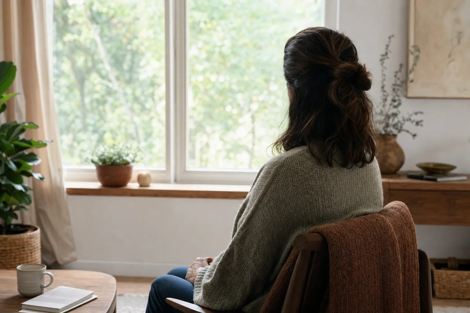Person seated quietly in a bright, calm room