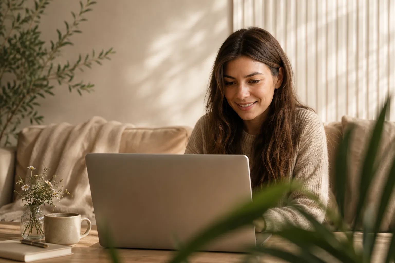 A woman comfortably attending a telehealth appointment from home