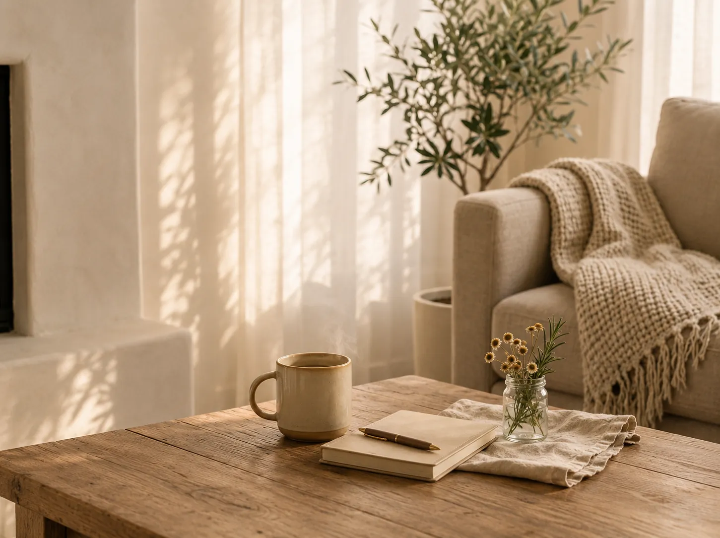 A calm, sunlit space for reflection with a journal and tea