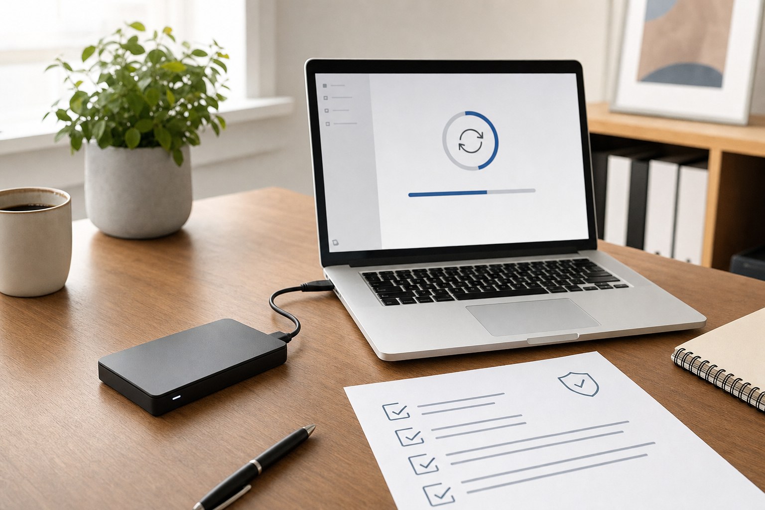 External backup drive connected to a laptop beside a recovery checklist