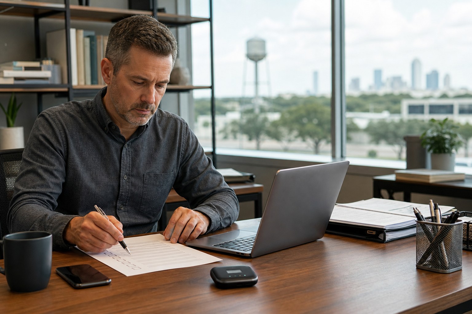 Small business owner reviewing a continuity checklist during a technology outage