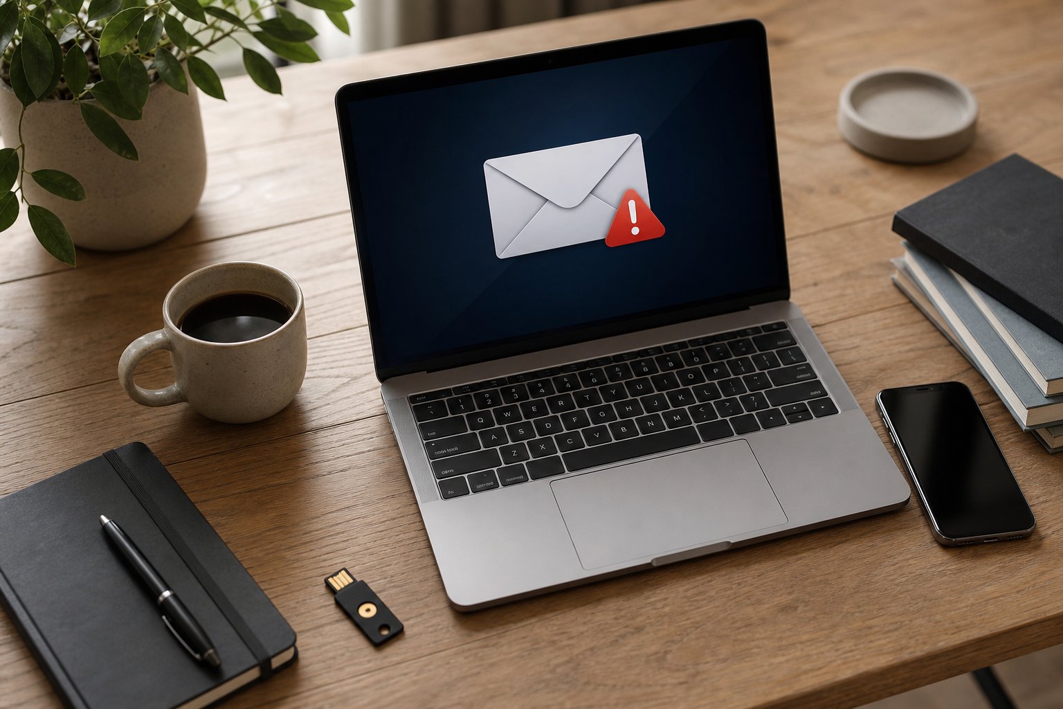 Laptop displaying a suspicious email alert beside a security key on a small business desk
