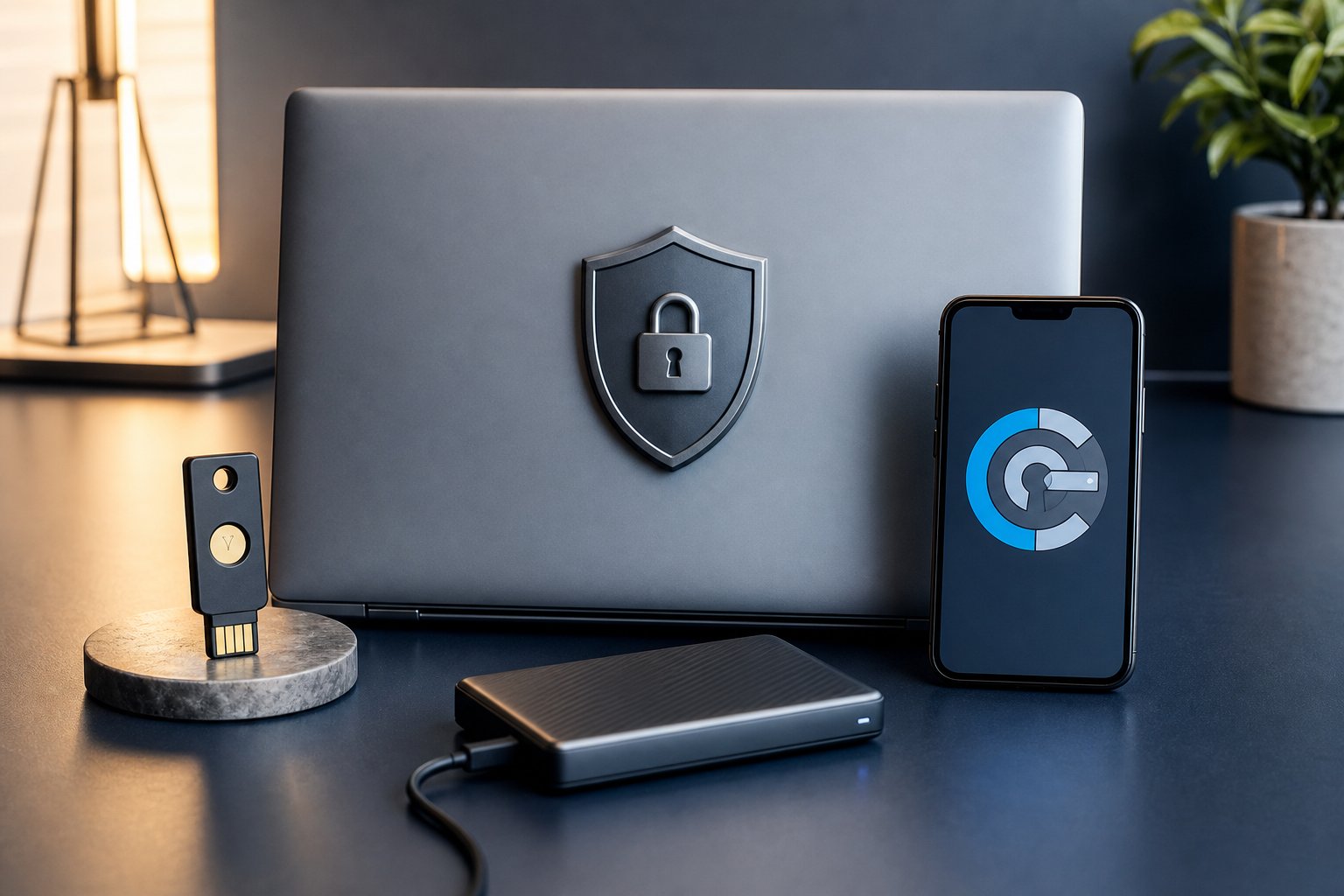 Security key, protected laptop, phone, and backup drive representing layered business cybersecurity
