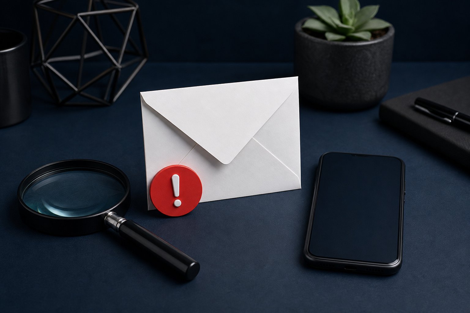 Magnifying glass and phone beside a suspicious email symbol, representing independent verification