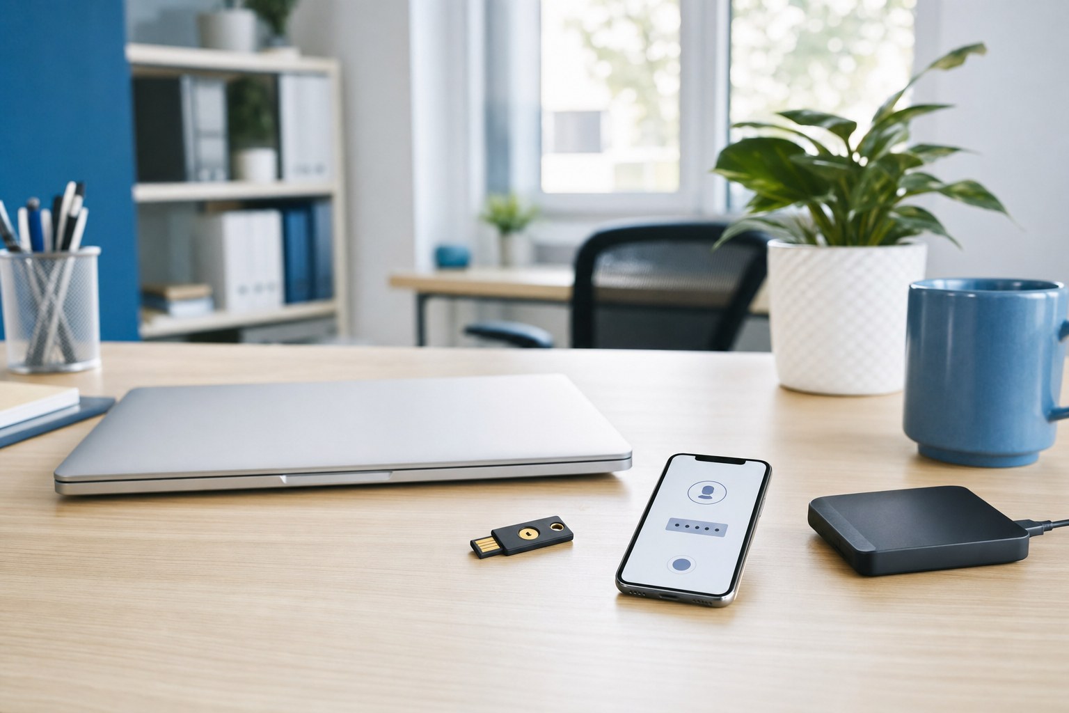Laptop, security key, phone, and backup drive on an organized office desk