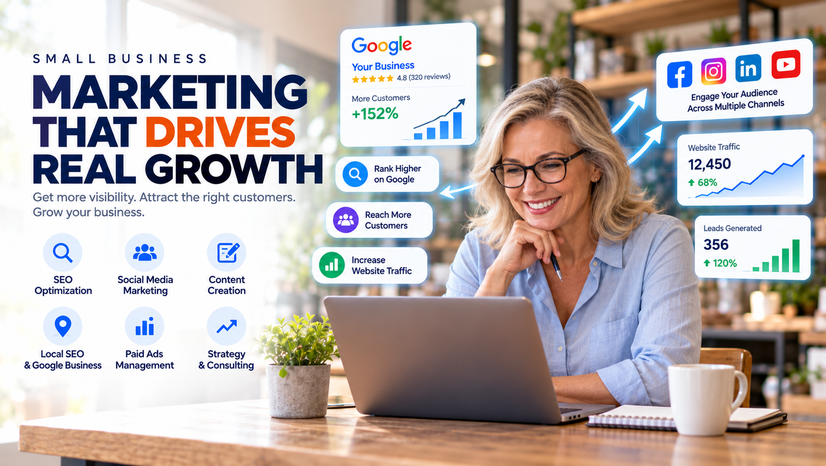 Small business owner using a laptop to review marketing performance and customer engagement