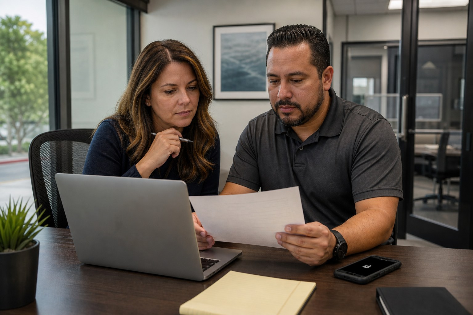 Business owner and IT professional reviewing an incident response checklist