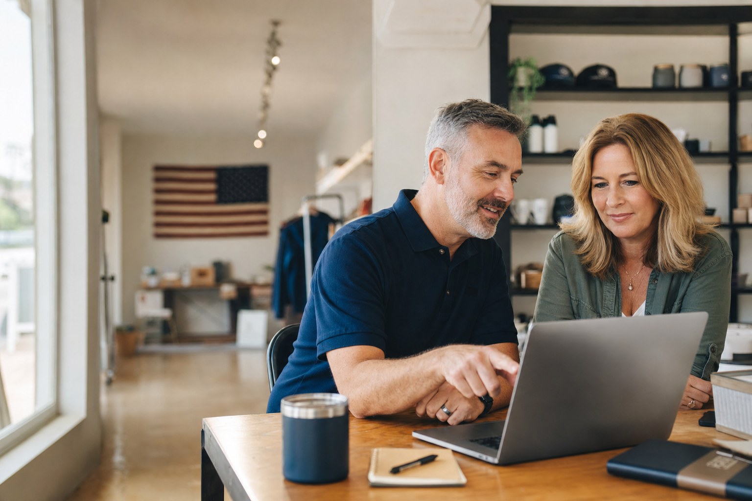 IT professional helping a small business owner at a laptop