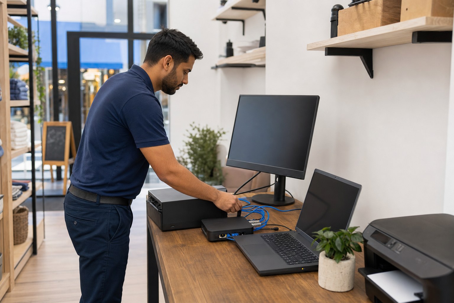 Small business owner preparing technology for a new workspace