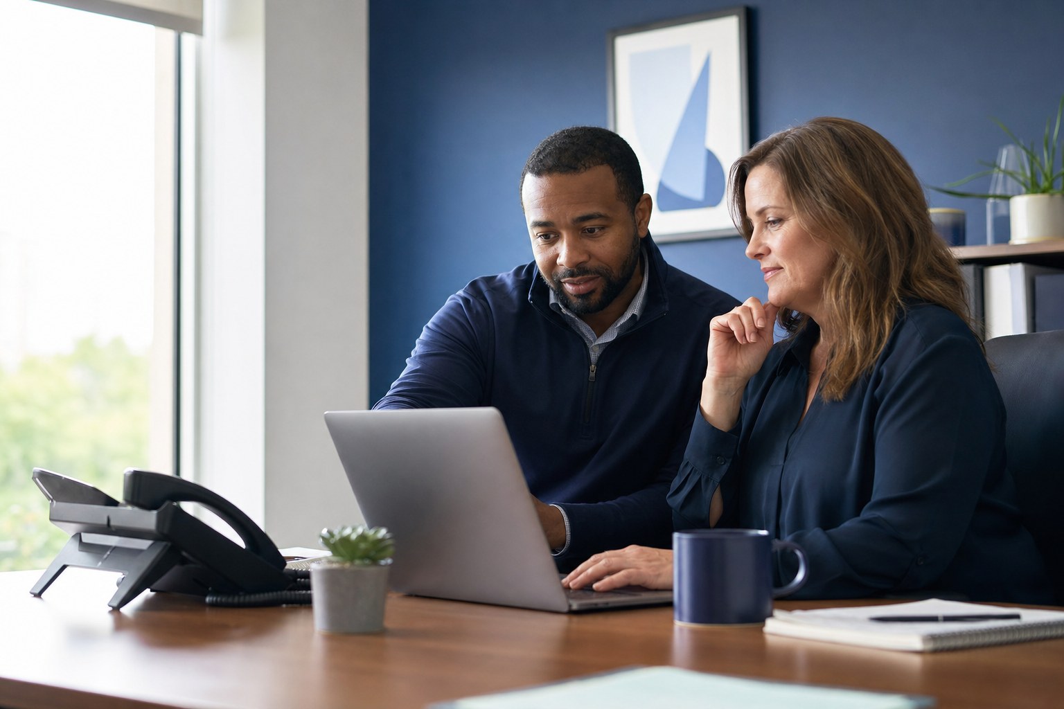 Business owner reviewing cybersecurity settings on a laptop