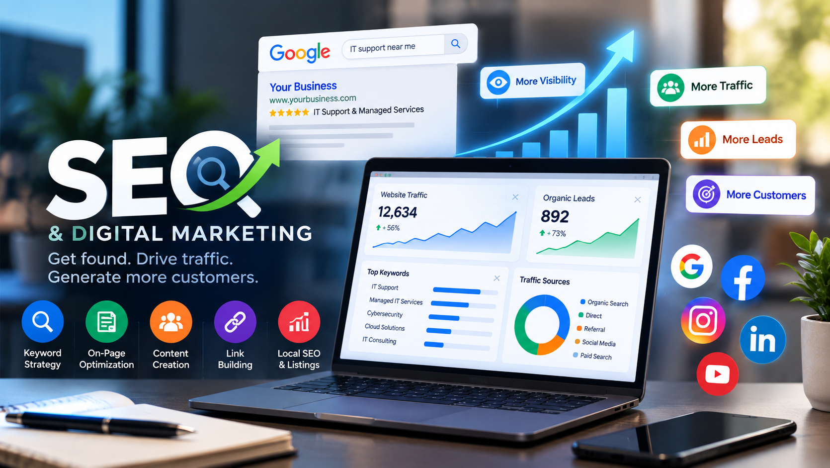 SEO and digital marketing dashboard illustrating business visibility