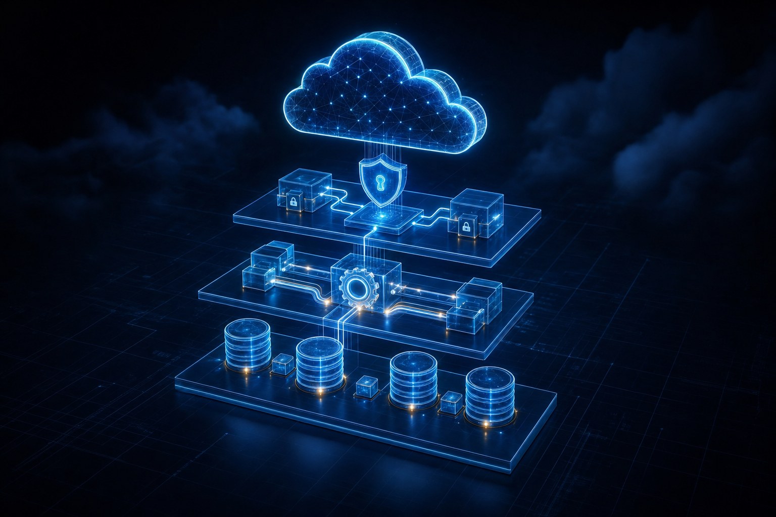 Abstract illuminated cloud infrastructure layers