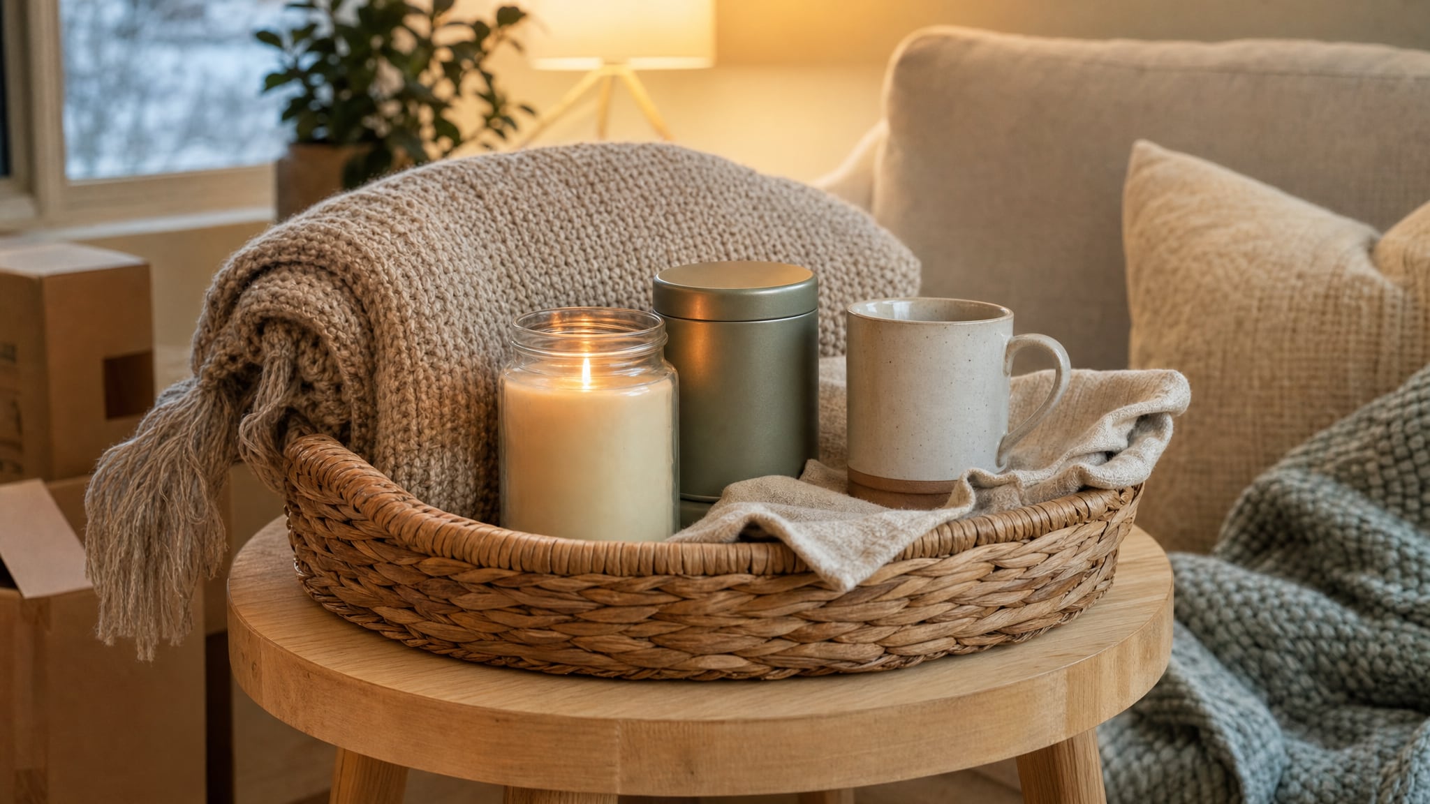 A cozy housewarming basket with a candle, mug, tea tin, and knit throw beside a living room chair