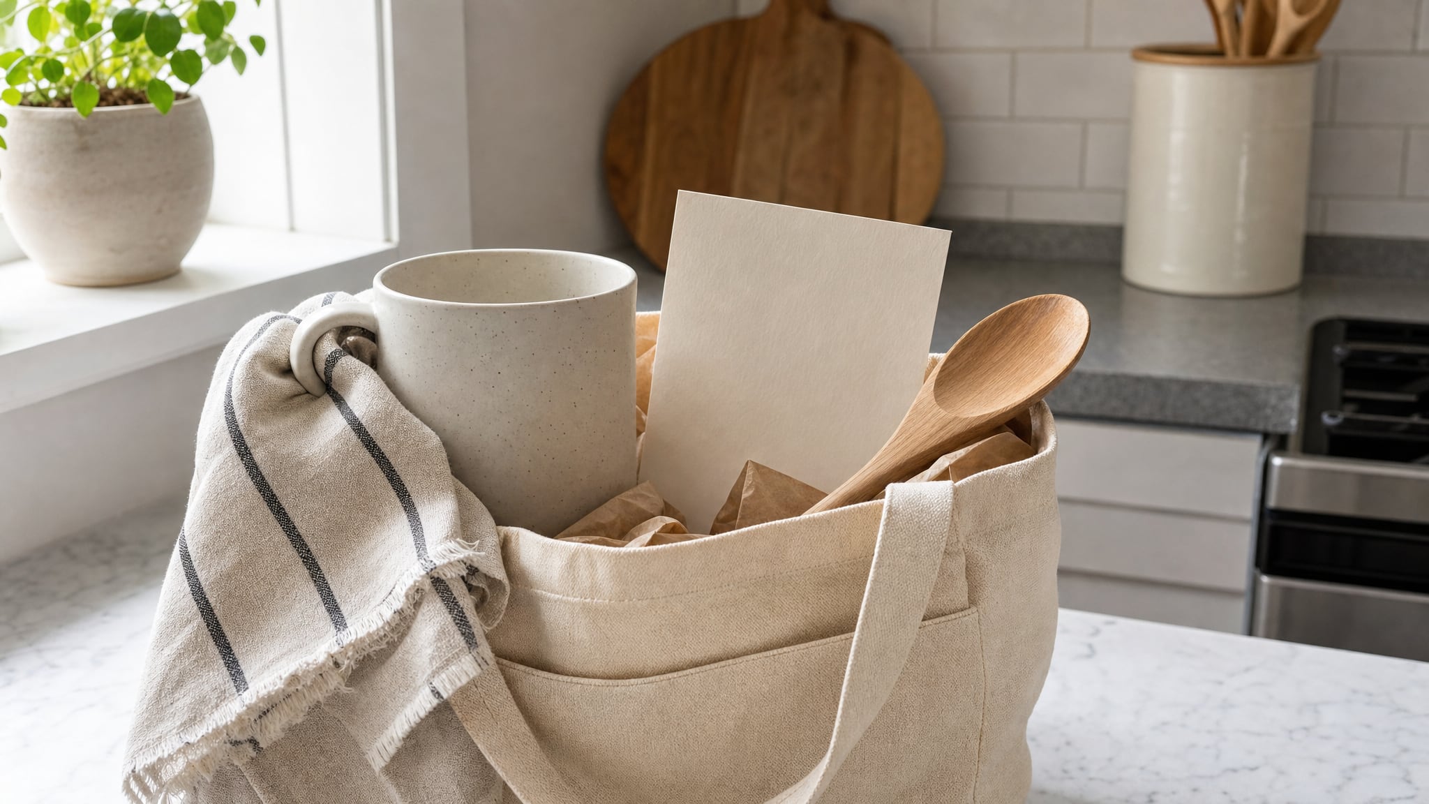 A first-home gift basket with a mug, kitchen towel, wooden spoon, and blank card in a sunlit kitchen