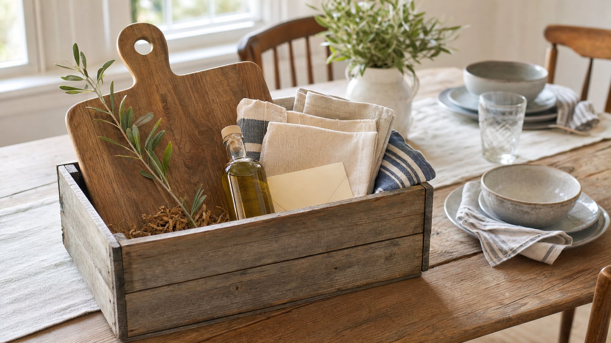 A wooden crate gift basket with a serving board, linen napkins, olive oil, and a card on a dining table