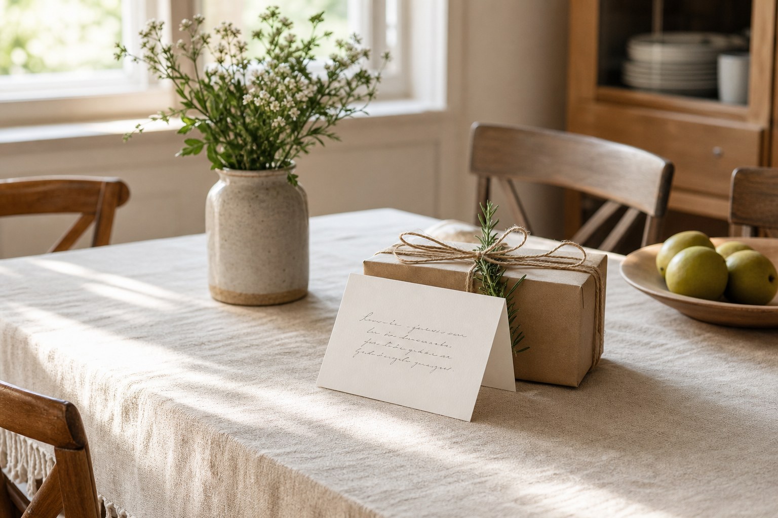 A simple housewarming card and wrapped gift with rosemary on a dining table