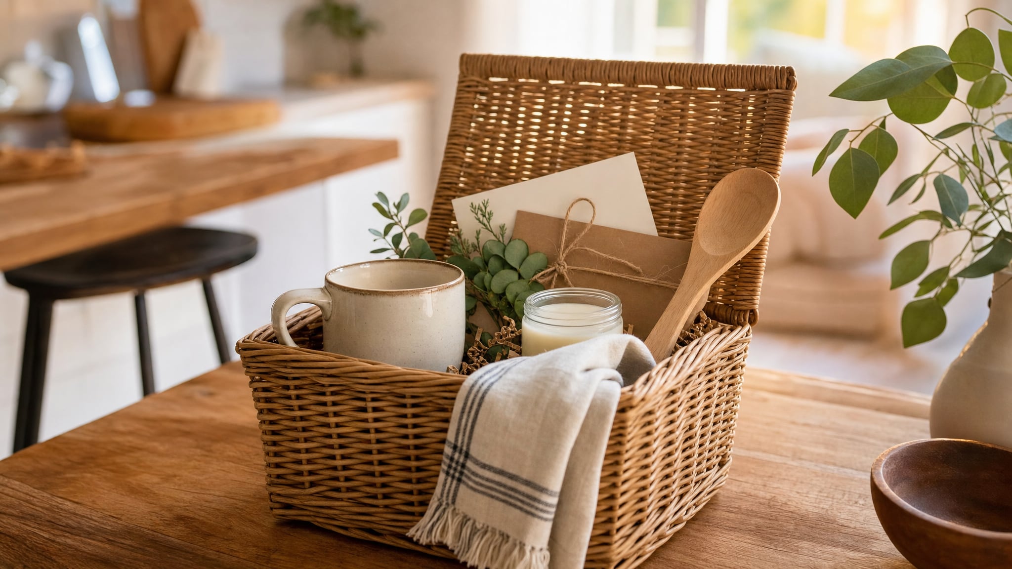 A woven housewarming gift basket with a mug, candle, tea towel, wooden spoon, and welcome card on a kitchen table