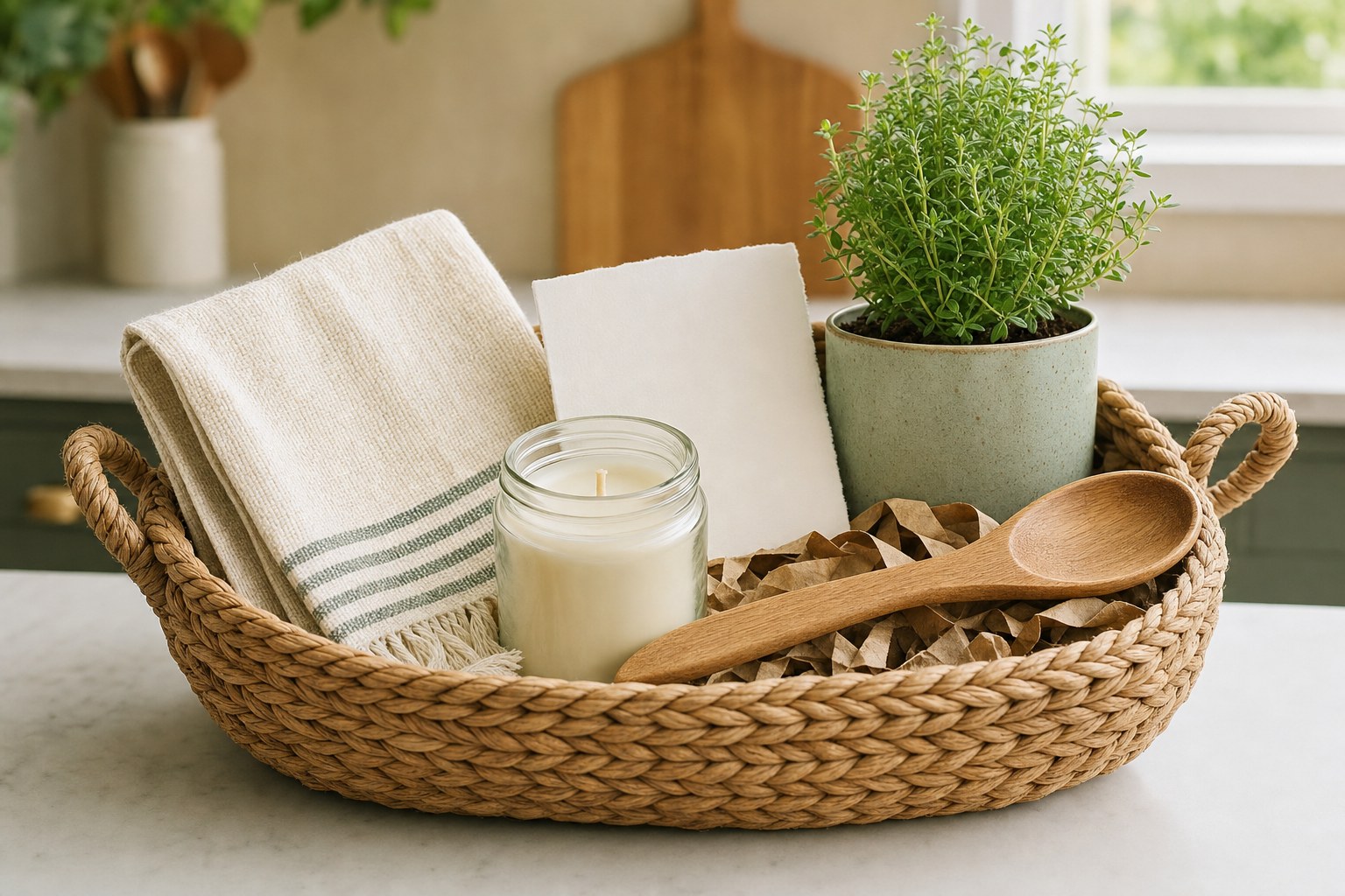 A thoughtful housewarming basket with a tea towel, candle, wooden spoon, and herb plant