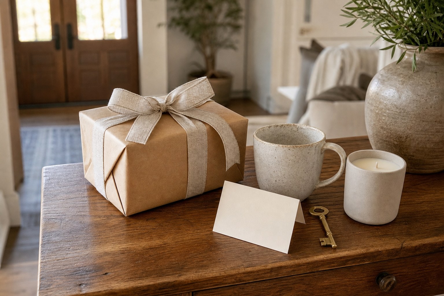 A wrapped housewarming gift with a ceramic mug, candle, card, and key on a wooden entry table