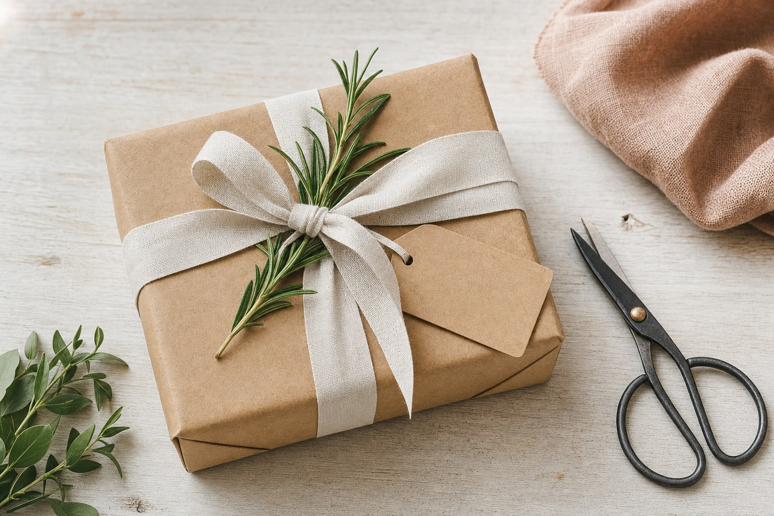 A simply wrapped kraft-paper gift tied with a linen ribbon and rosemary