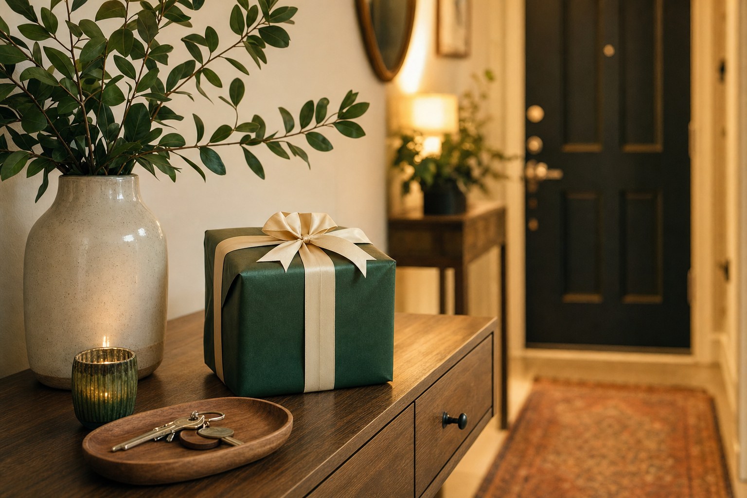 A wrapped host gift beside keys and a candle in a welcoming home entryway