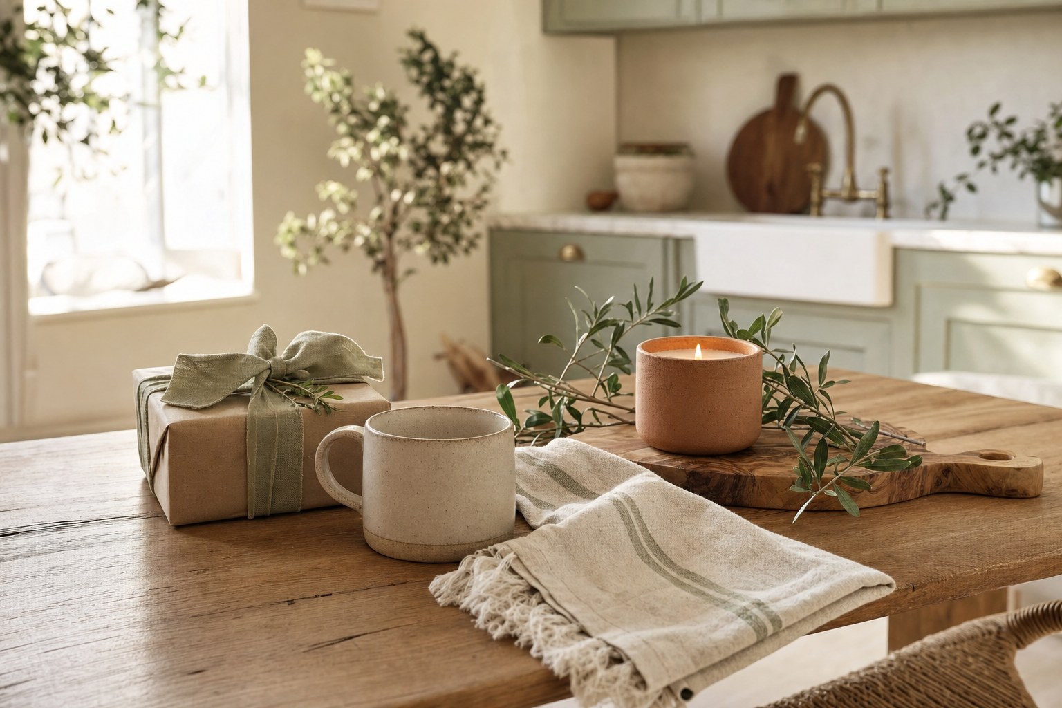 A wrapped housewarming gift, ceramic mug, candle, tea towel, and wooden board on a kitchen table