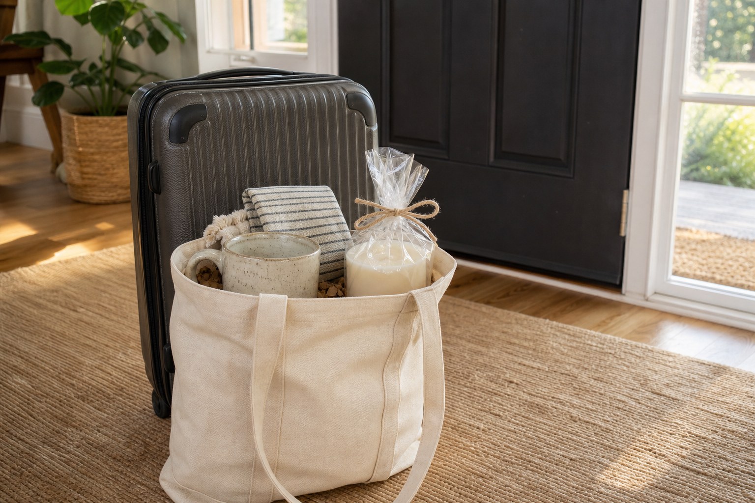 A travel-friendly housewarming gift in a canvas tote beside a suitcase and front door