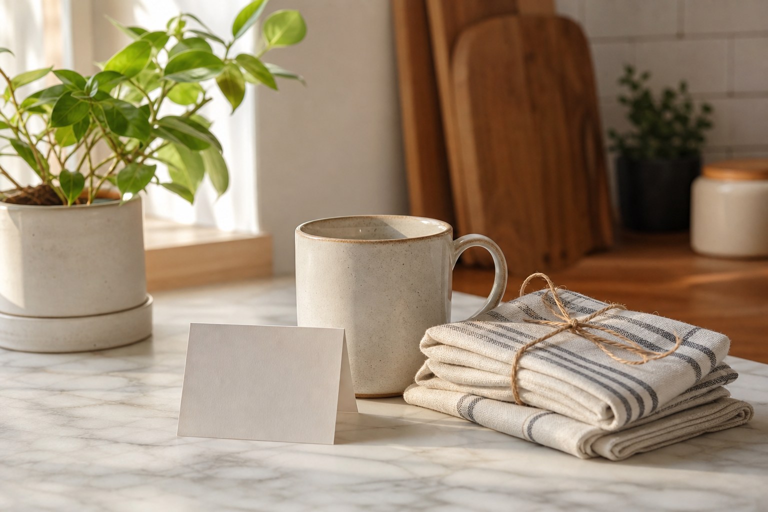 A simple housewarming gift of a ceramic mug and folded kitchen towels on a sunlit kitchen counter