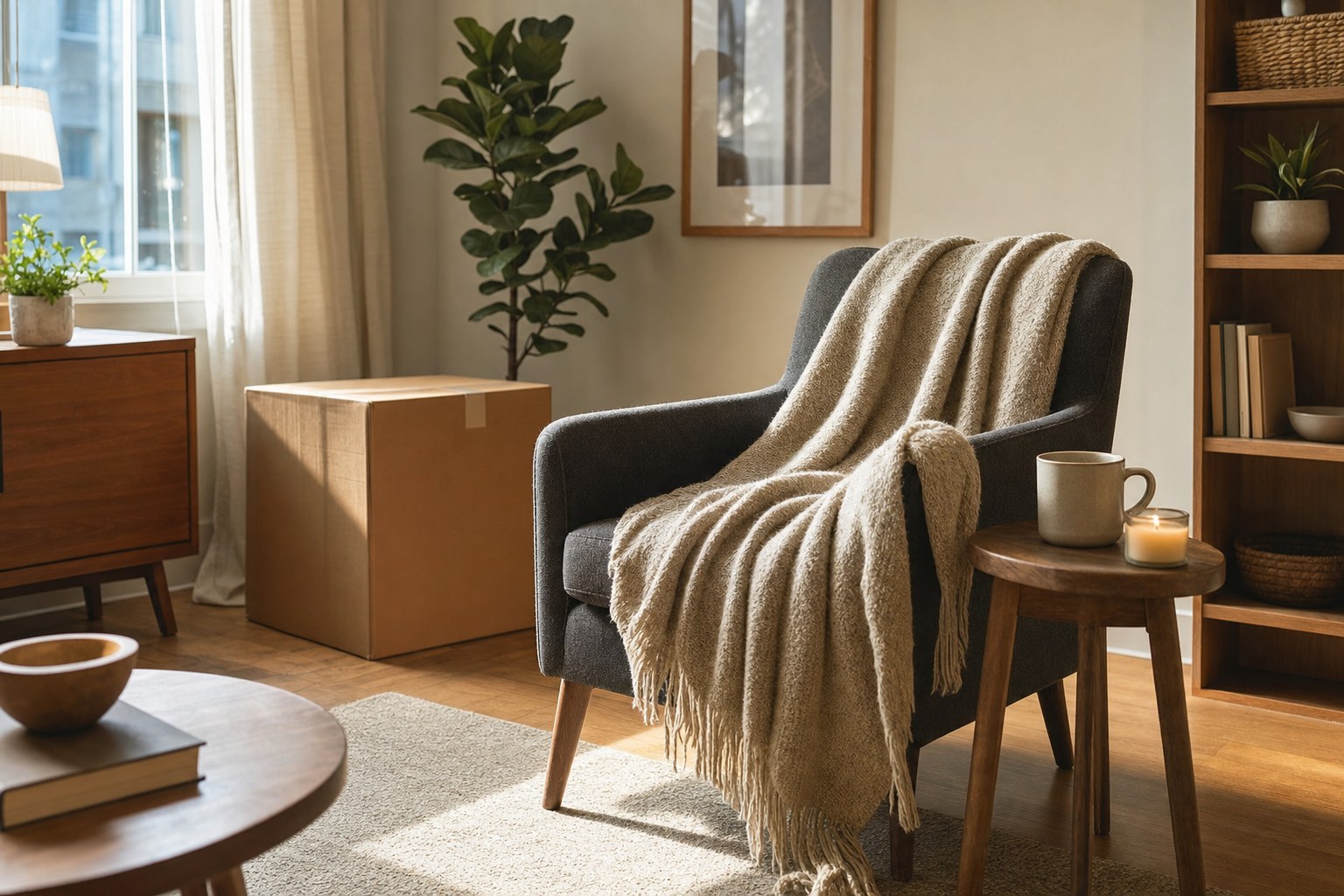 A soft throw, ceramic mug, and candle beside an armchair in a new apartment