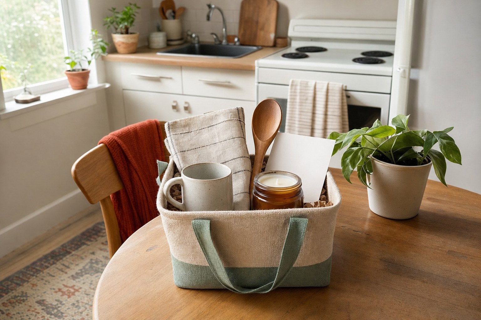 A reusable apartment gift tote with a mug, candle, tea towel, wooden spoon, and card on a kitchen table