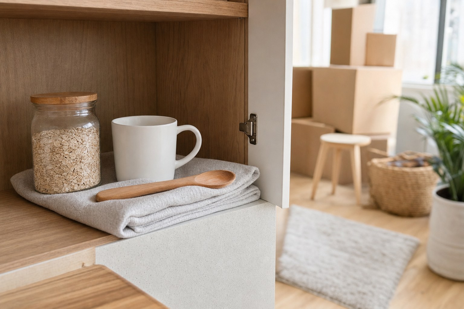 A mug, folded tea towel, wooden spoon, and pantry jar in a new apartment kitchen cabinet