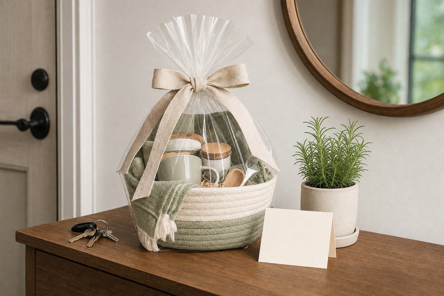 A wrapped apartment welcome gift with a card, keys, and potted rosemary on an entry table