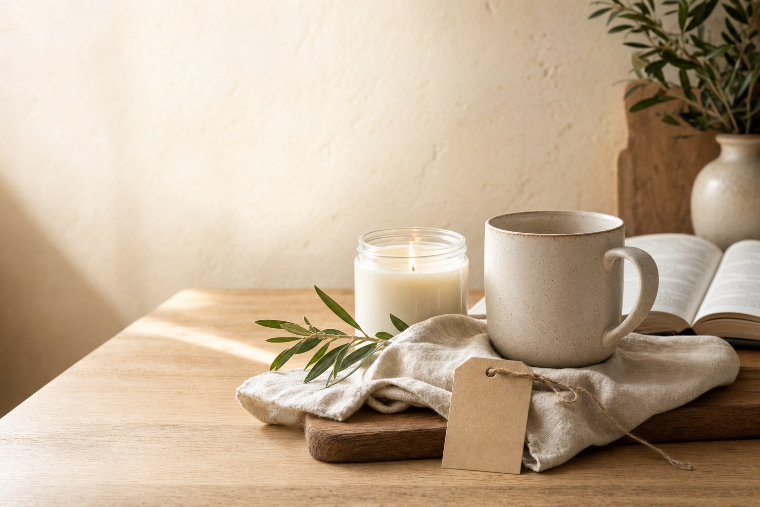 A ceramic mug, soy candle, linen tea towel, olive branch, and blank gift tag arranged as a thoughtful housewarming gift